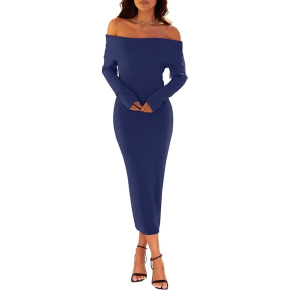 Merokeety Women's Navy Off Shoulder Long Sleeve Elegant Bodycon Midi Dress - Picture 3 of 9